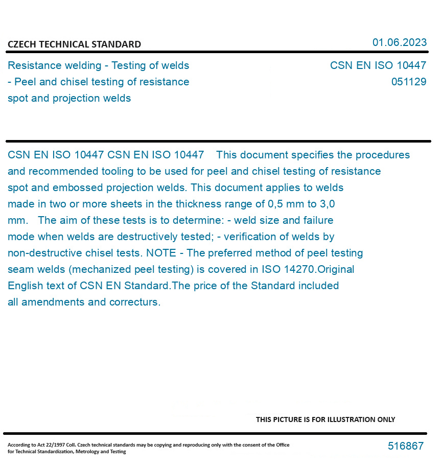 CSN EN ISO 10447 Resistance welding Testing of welds Peel and chisel testing of resistance